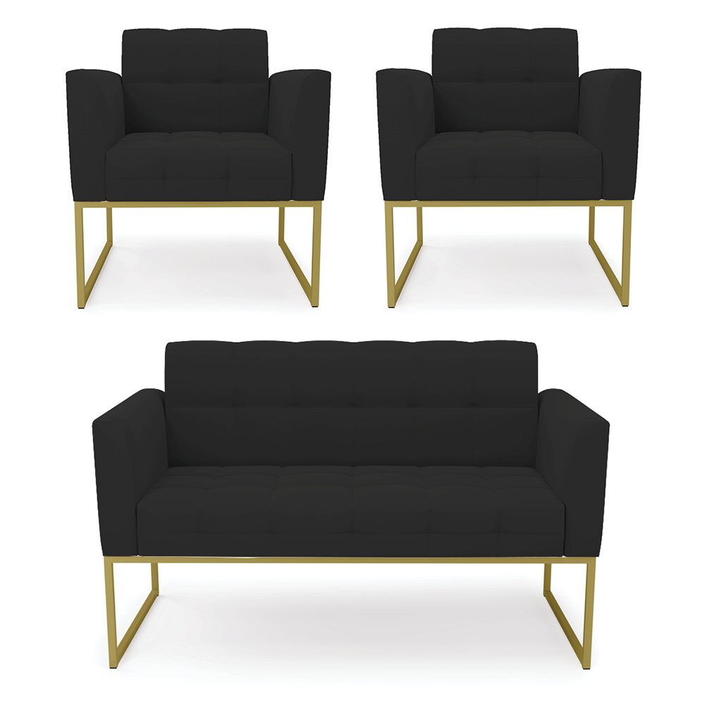 Kit 1 Sofá Namoradeira e 2 Poltronas Elisa Veludo Preto Base Metálica Industrial Dourado - D'Rossi