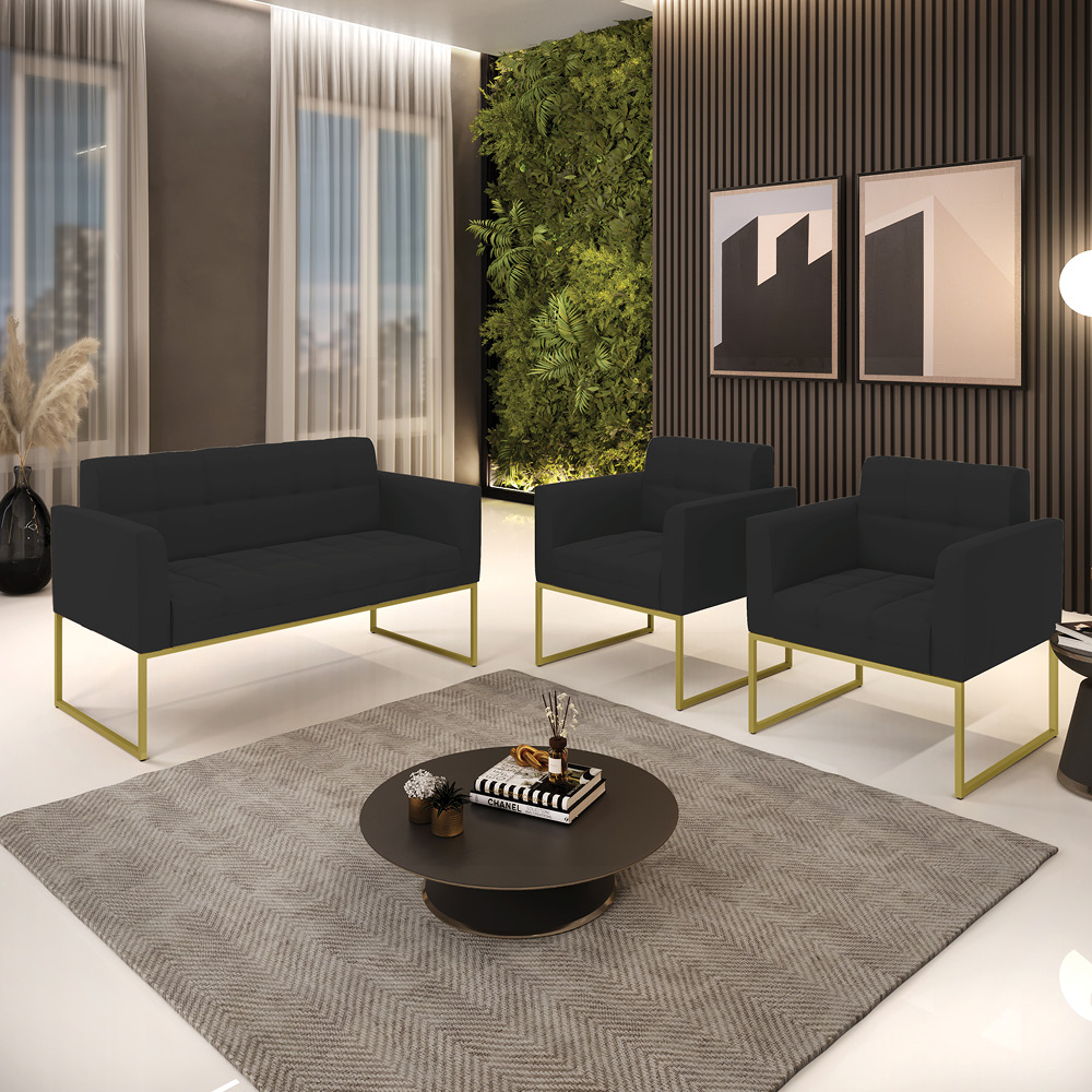 Kit 1 Sofá Namoradeira e 2 Poltronas Elisa Veludo Preto Base Metálica Industrial Dourado - D'Rossi