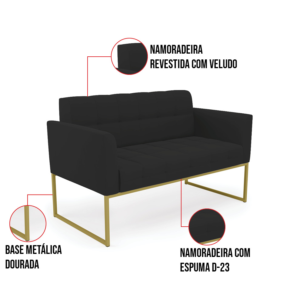 Kit 1 Sofá Namoradeira e 2 Poltronas Elisa Veludo Preto Base Metálica Industrial Dourado - D'Rossi