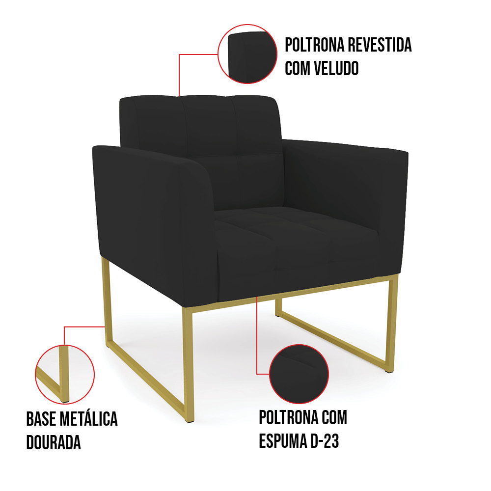 Kit 1 Sofá Namoradeira e 2 Poltronas Elisa Veludo Preto Base Metálica Industrial Dourado - D'Rossi