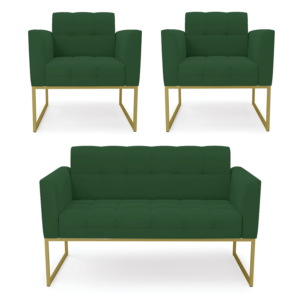 Kit 1 Sofá Namoradeira e 2 Poltronas Elisa Veludo Verde Base Metálica Industrial Dourado - D'Rossi