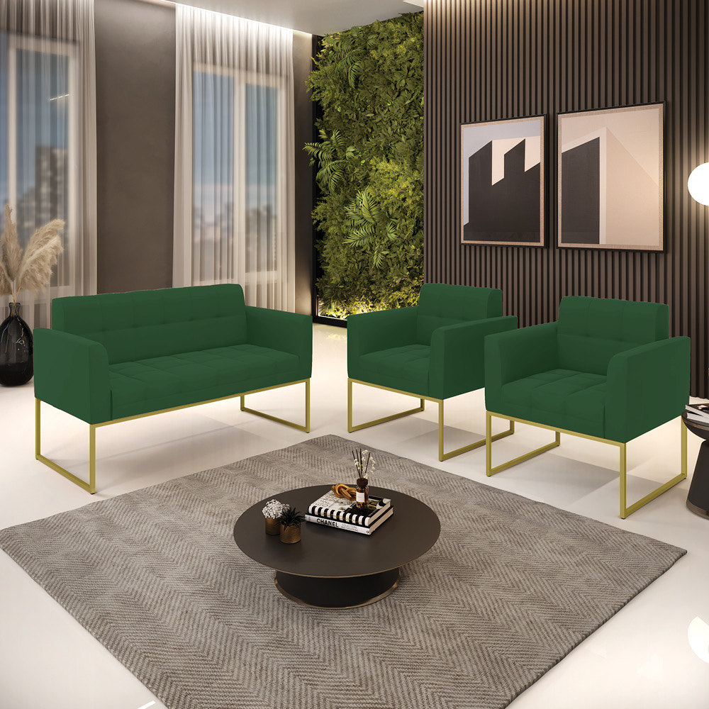 Kit 1 Sofá Namoradeira e 2 Poltronas Elisa Veludo Verde Base Metálica Industrial Dourado - D'Rossi