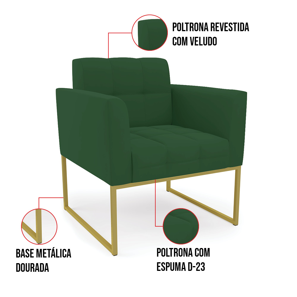 Kit 1 Sofá Namoradeira e 2 Poltronas Elisa Veludo Verde Base Metálica Industrial Dourado - D'Rossi
