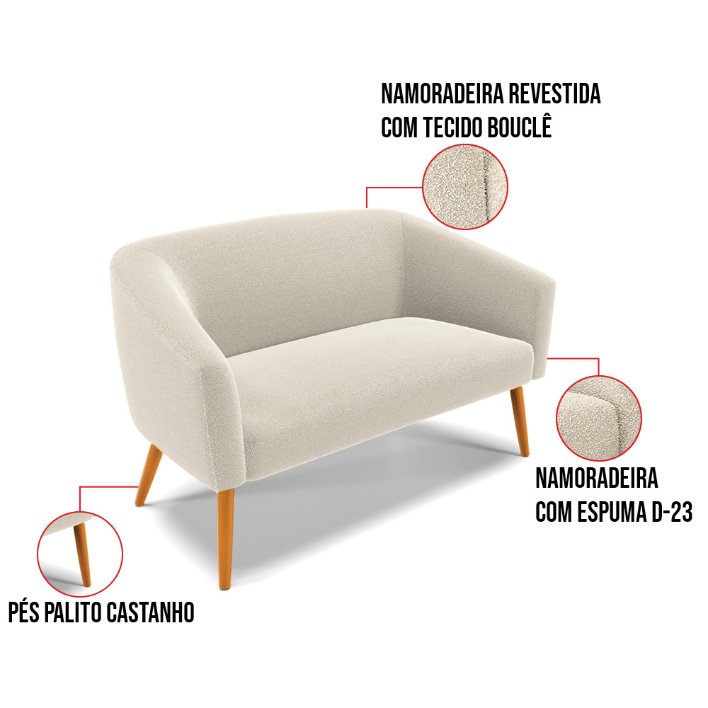 Kit 1 Sofá Namoradeira e 2 Poltronas Stella Bouclê Bege Base de Madeira MA30 - D'Rossi