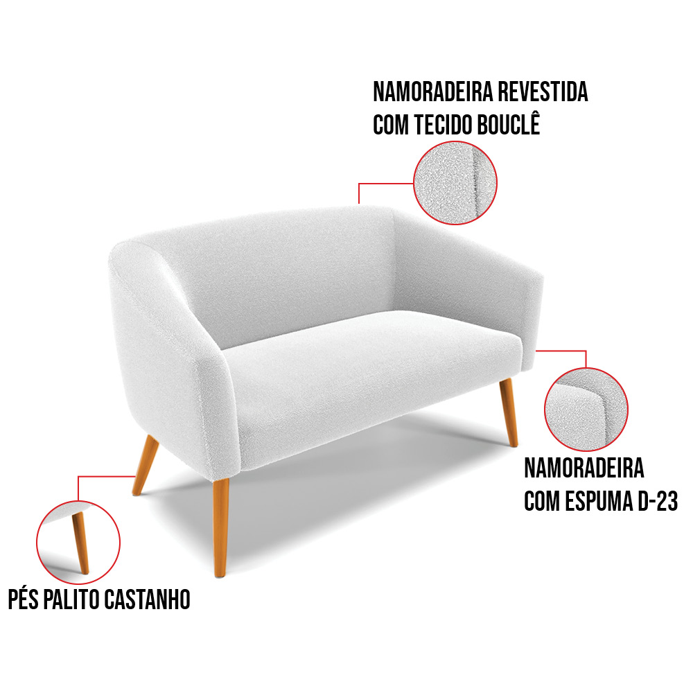 Kit 1 Sofá Namoradeira e 2 Poltronas Stella Bouclê Off White Base de Madeira MA30 - D'Rossi