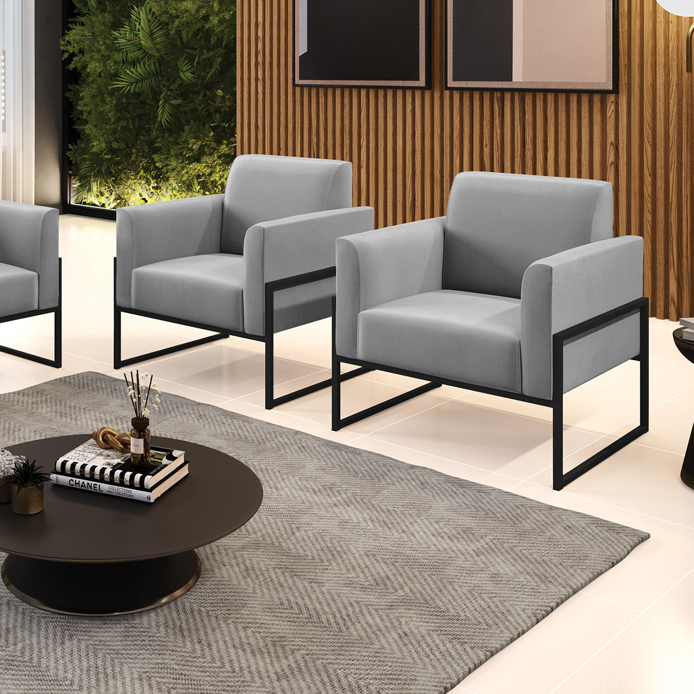 Kit 2 Poltronas Base Industrial Alta Preto Marisa Suede Cinza D03 - D?Rossi