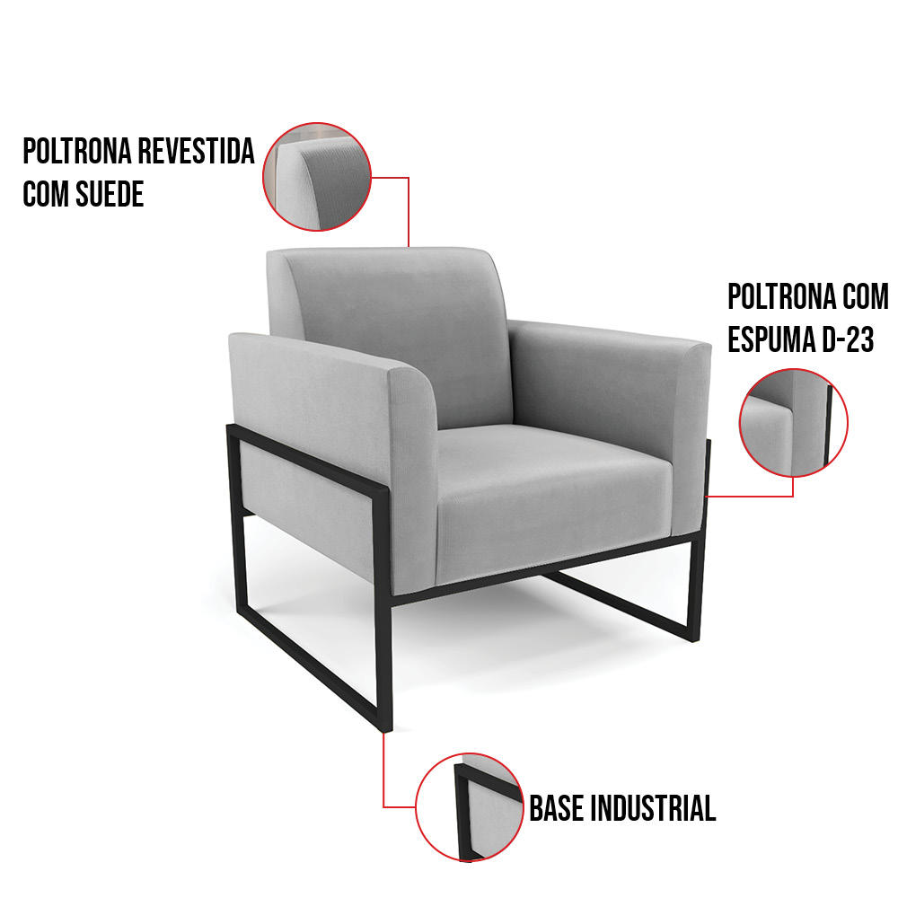 Kit 2 Poltronas Base Industrial Alta Preto Marisa Suede Cinza D03 - D?Rossi