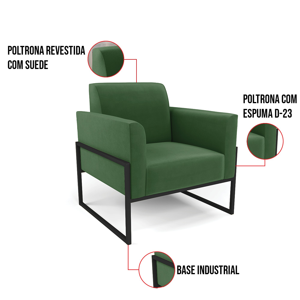 Kit 2 Poltronas Base Industrial Alta Preto Marisa Suede Verde D03 - D?Rossi