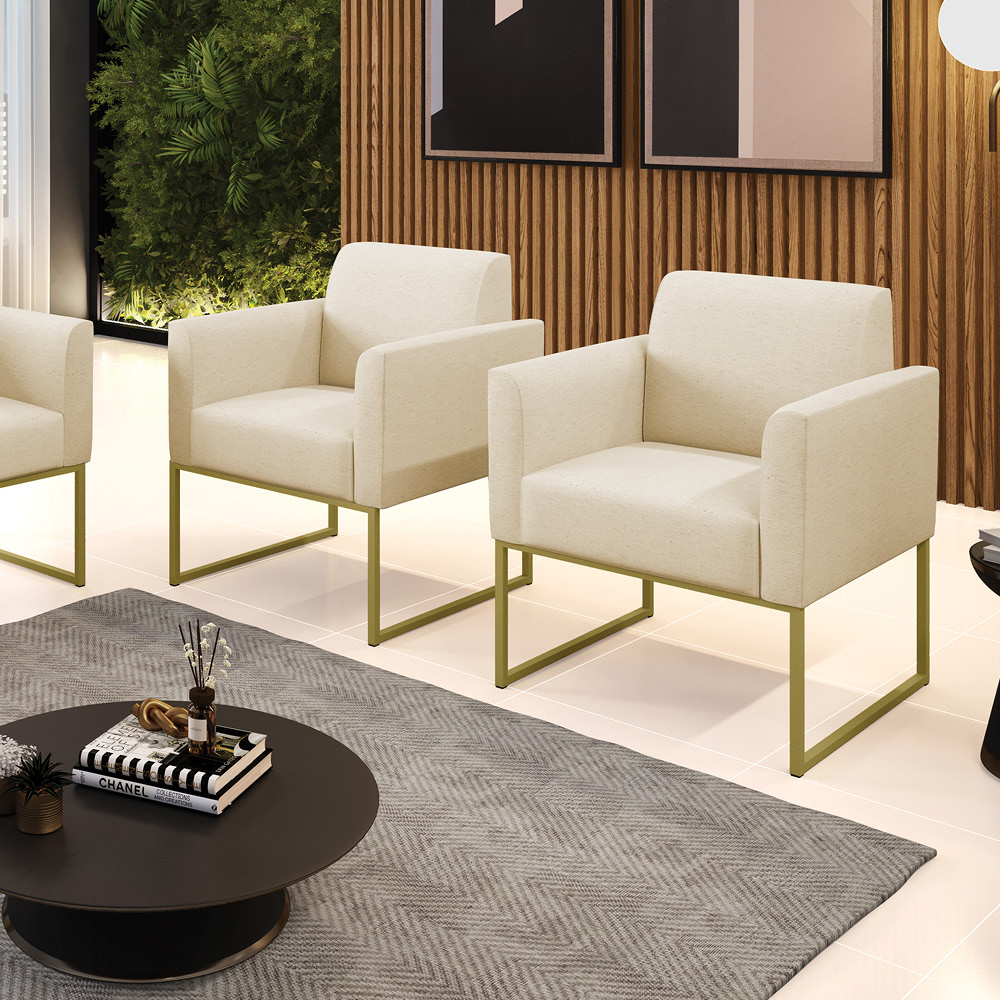 Kit 2 Poltronas Base Industrial Dourado Marisa Linho D03 - D'Rossi