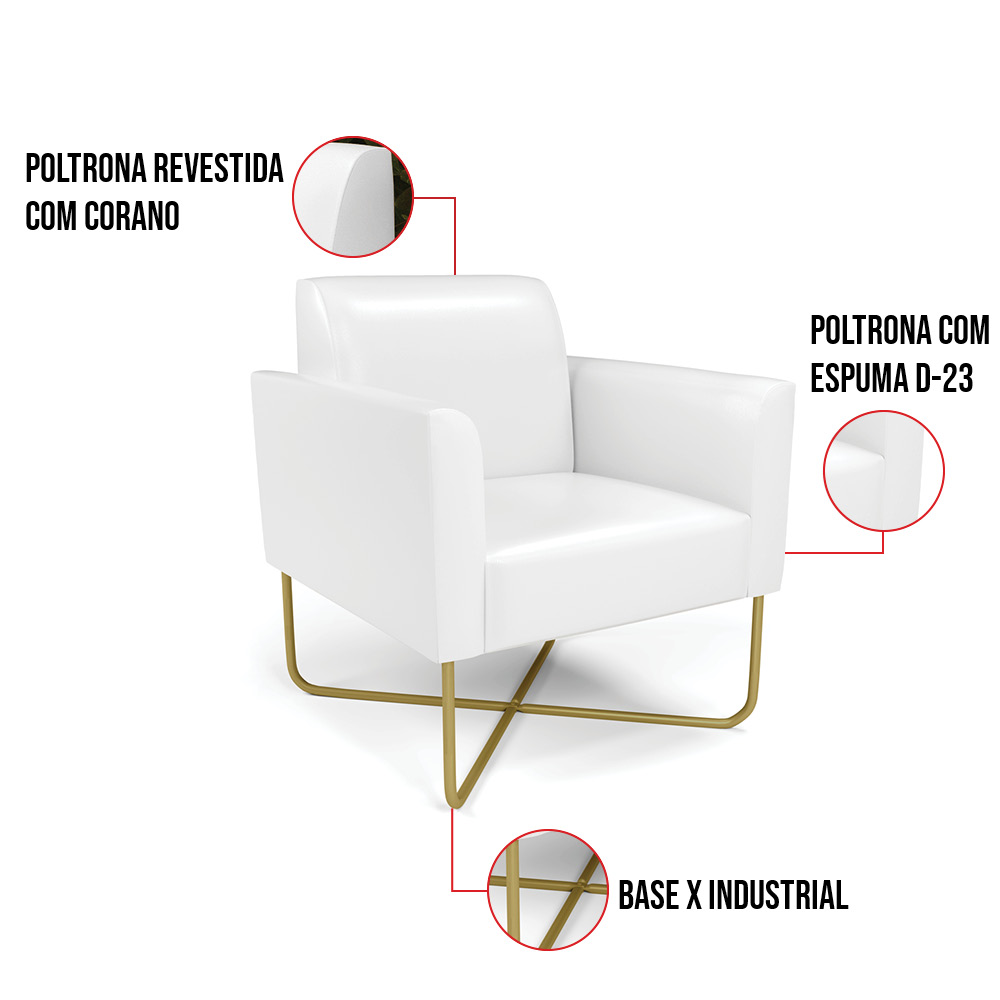 Kit 2 Poltronas Base X Industrial Dourado Marisa Corano Branco  D03 - D'Rossi