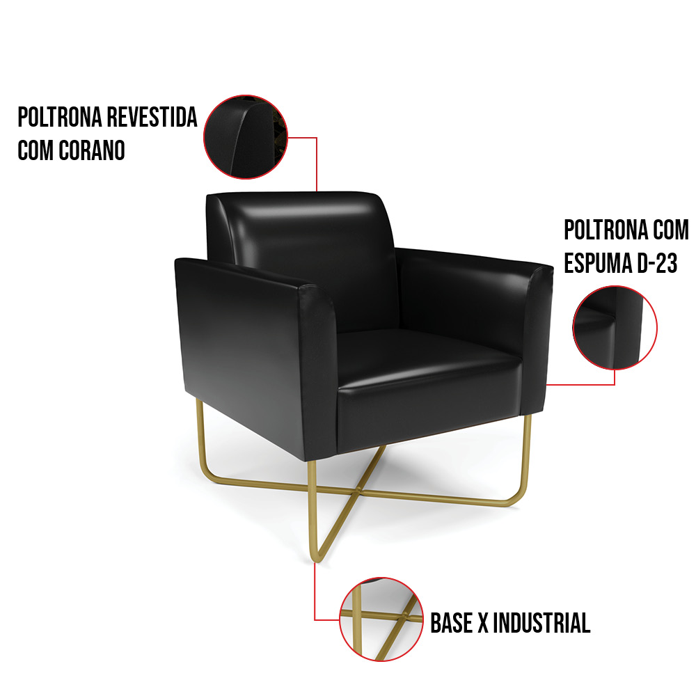 Kit 2 Poltronas Base X Industrial Dourado Marisa Corano Preto  D03 - D'Rossi
