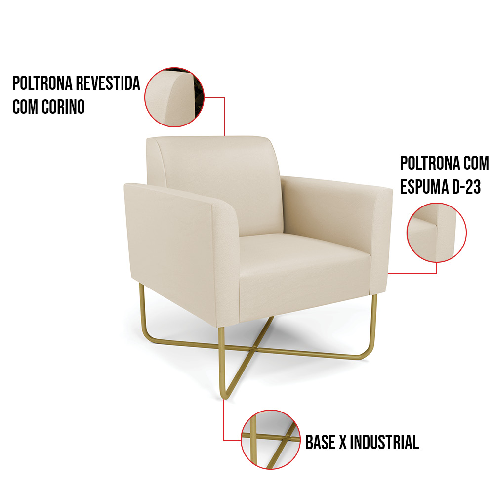 Kit 2 Poltronas Base X Industrial Dourado Marisa Corino Bege  D03 - D'Rossi