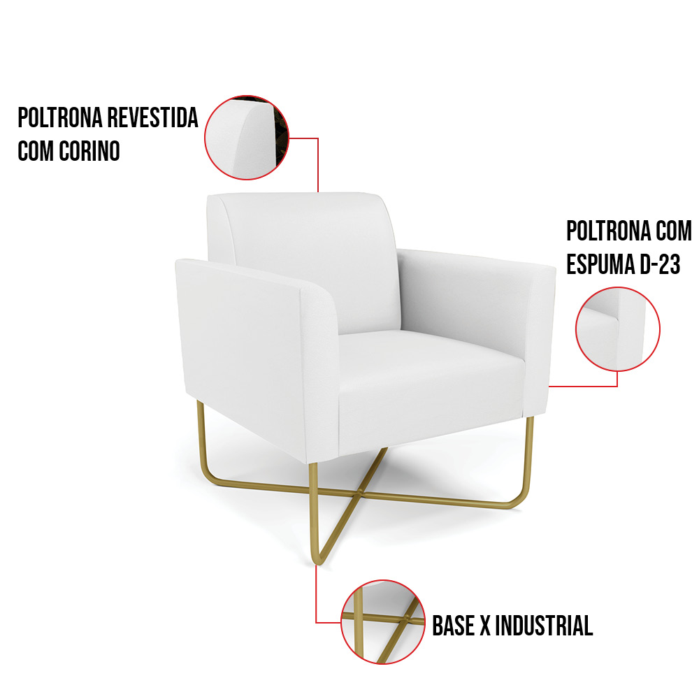 Kit 2 Poltronas Base X Industrial Dourado Marisa Corino Branco  D03 - D'Rossi