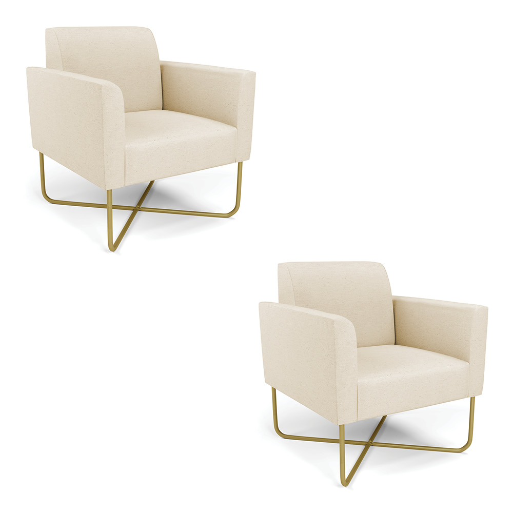 Kit 2 Poltronas Base X Industrial Dourado Marisa Linho Bege A19  D03 - D'Rossi