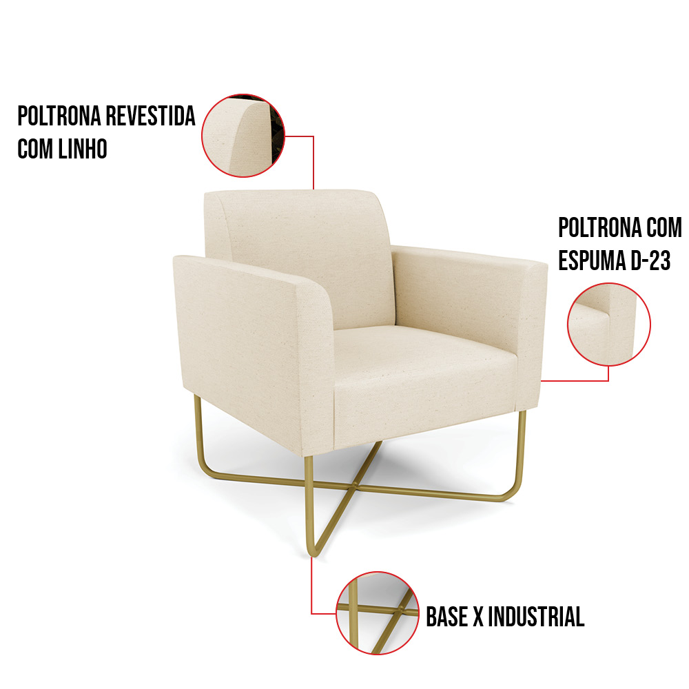 Kit 2 Poltronas Base X Industrial Dourado Marisa Linho Bege A19  D03 - D'Rossi