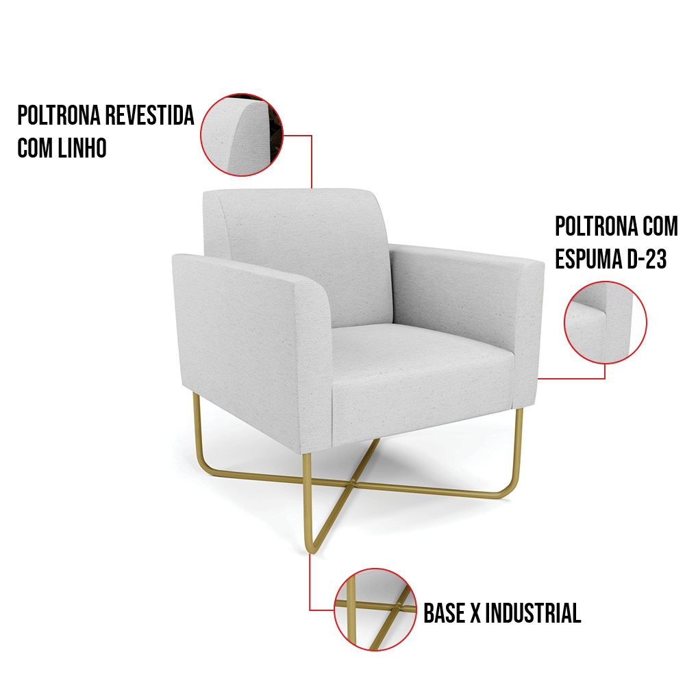 Kit 2 Poltronas Base X Industrial Dourado Marisa Linho Cinza A05  D03 - D'Rossi