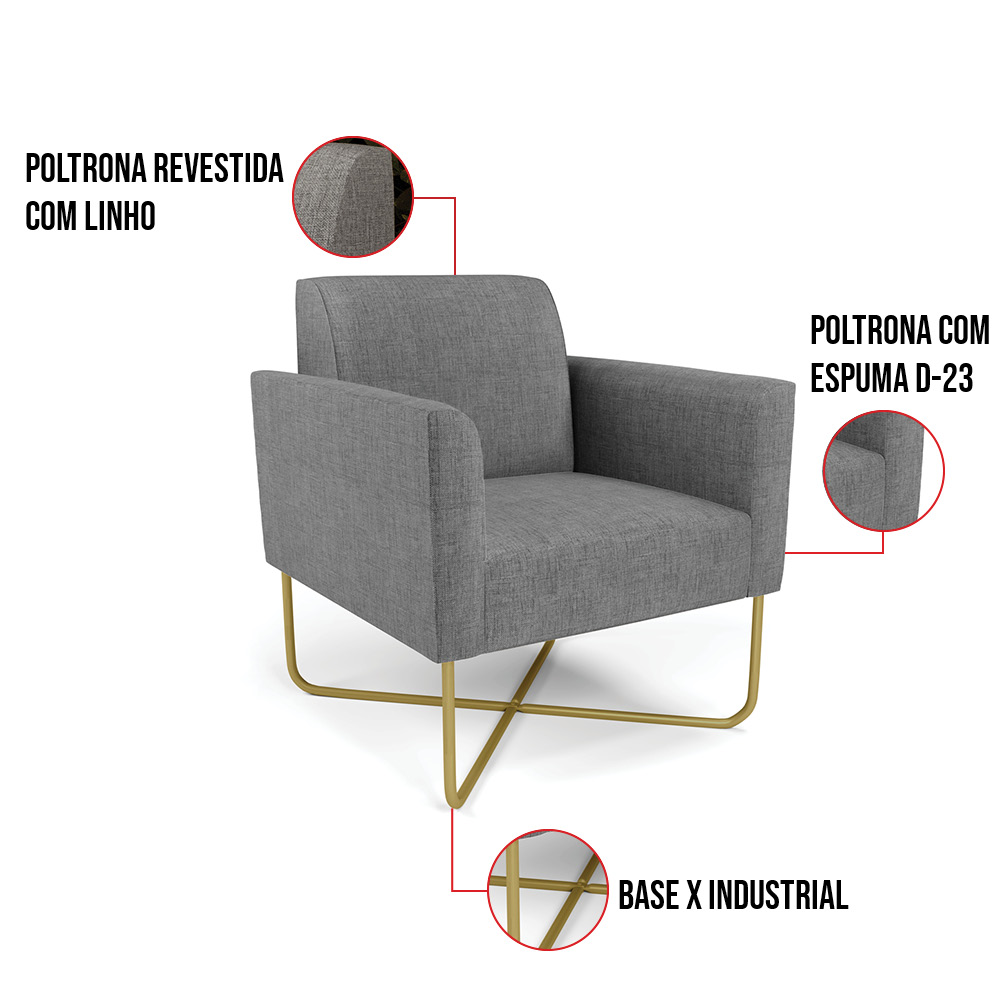 Kit 2 Poltronas Base X Industrial Dourado Marisa Linho Grafite A26  D03 - D'Rossi