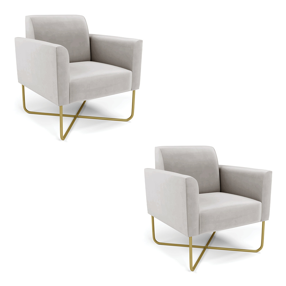 Kit 2 Poltronas Base X Industrial Dourado Marisa Veludo Cinza  D03 - D'Rossi