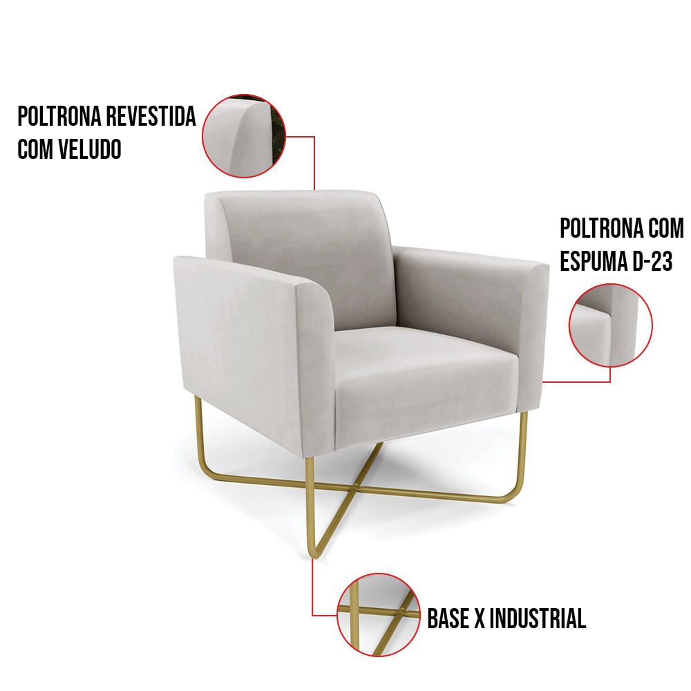 Kit 2 Poltronas Base X Industrial Dourado Marisa Veludo Cinza  D03 - D'Rossi