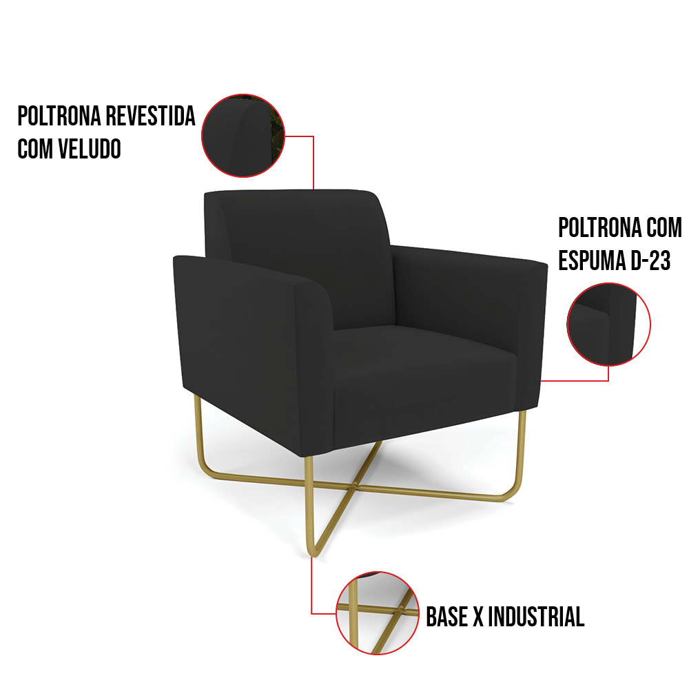 Kit 2 Poltronas Base X Industrial Dourado Marisa Veludo Preto  D03 - D'Rossi