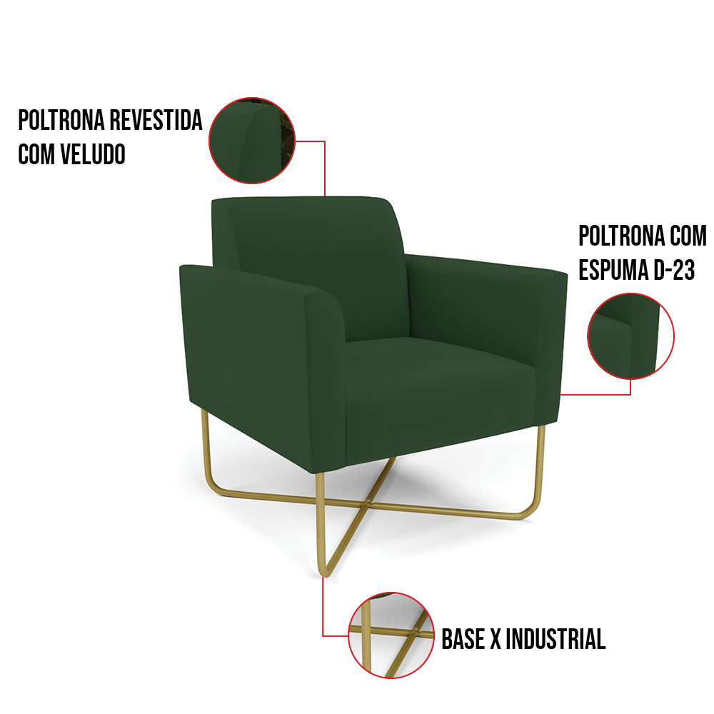 Kit 2 Poltronas Base X Industrial Dourado Marisa Veludo Verde  D03 - D'Rossi