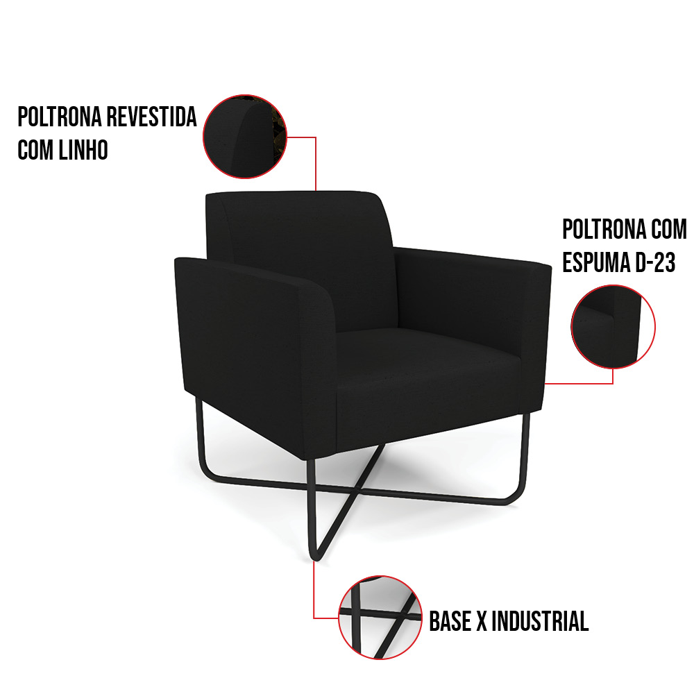 Kit 2 Poltronas Base X Industrial Preto Marisa Linho Preto A79 D03 - D'Rossi