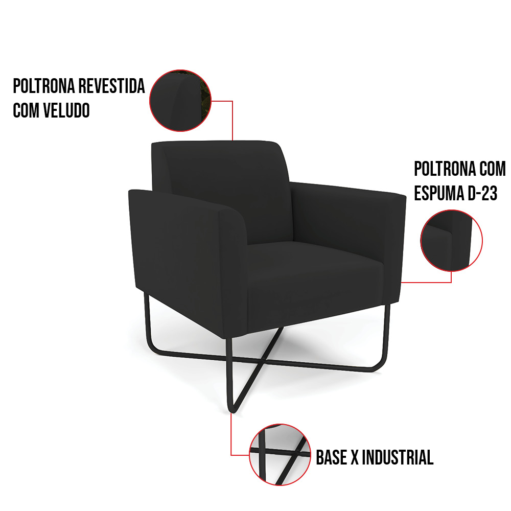 Kit 2 Poltronas Base X Industrial Preto Marisa Veludo Preto D03 - D'Rossi