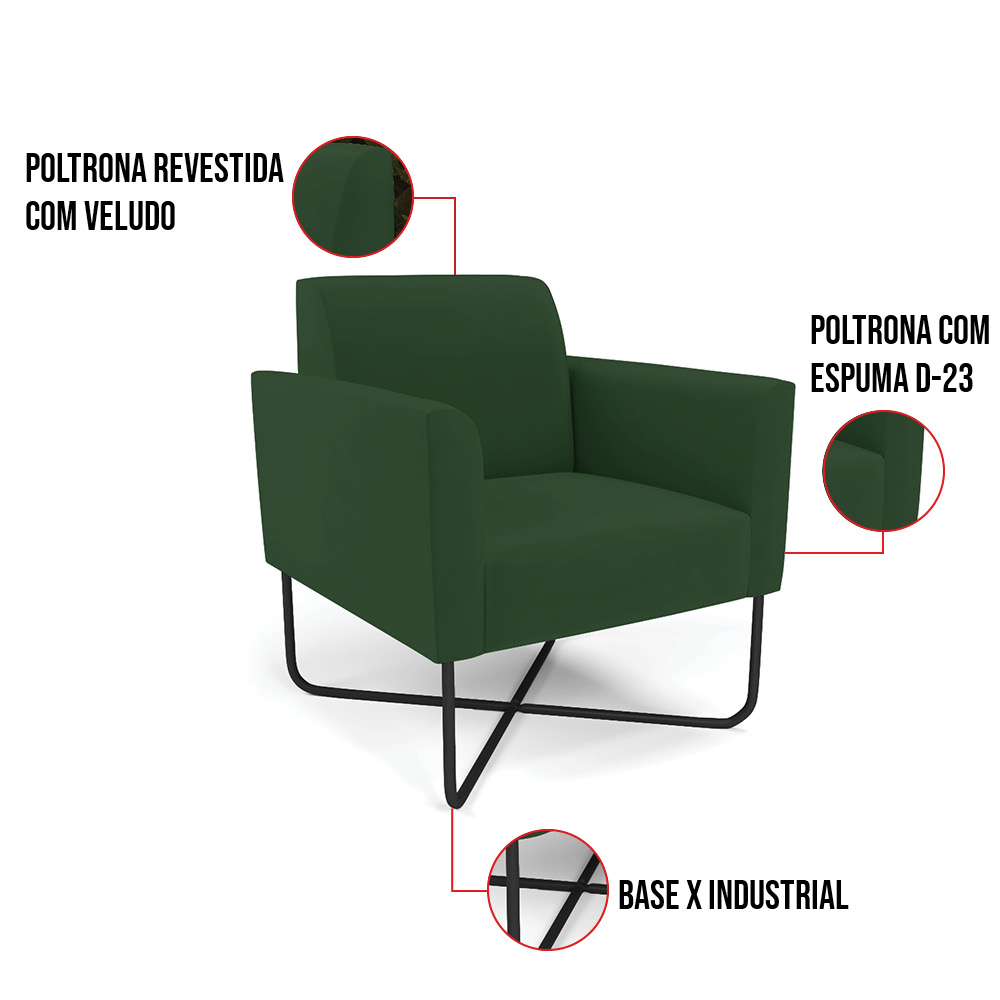 Kit 2 Poltronas Base X Industrial Preto Marisa Veludo Verde D03 - D'Rossi