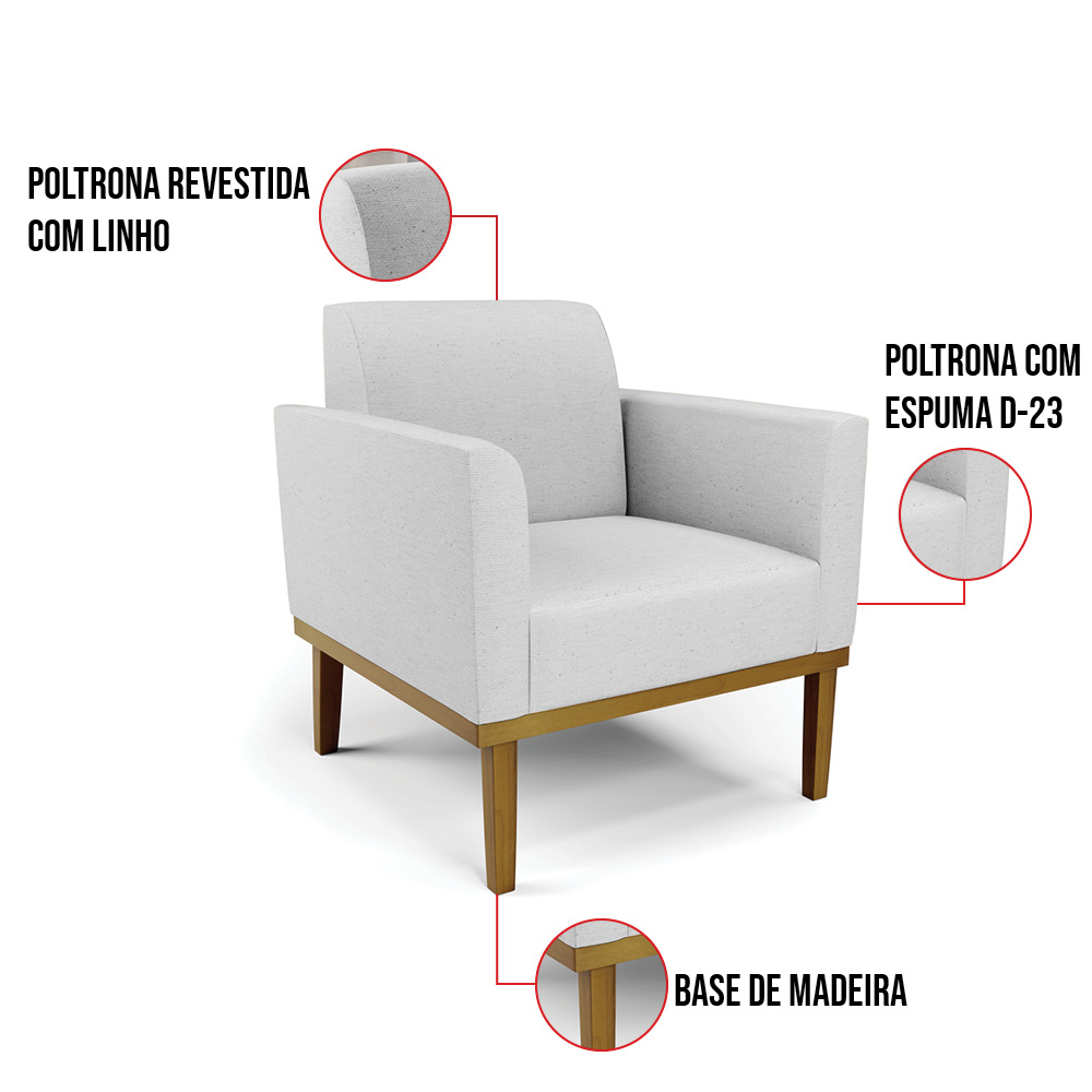 Kit 2 Poltronas Base de Madeira Fixa Castanho Marisa Linho Cinza A05 D03 - D'Rossi