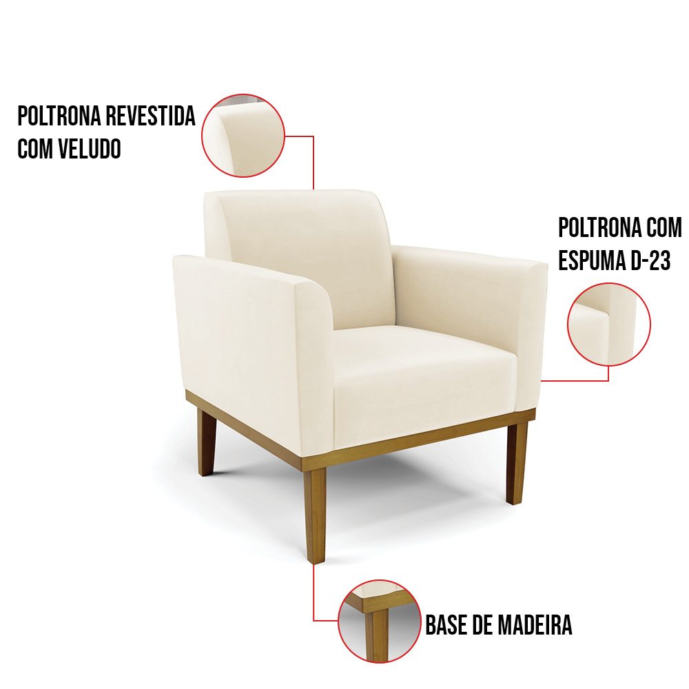 Kit 2 Poltronas Base de Madeira Fixa Castanho Marisa Veludo  D03 - D'Rossi