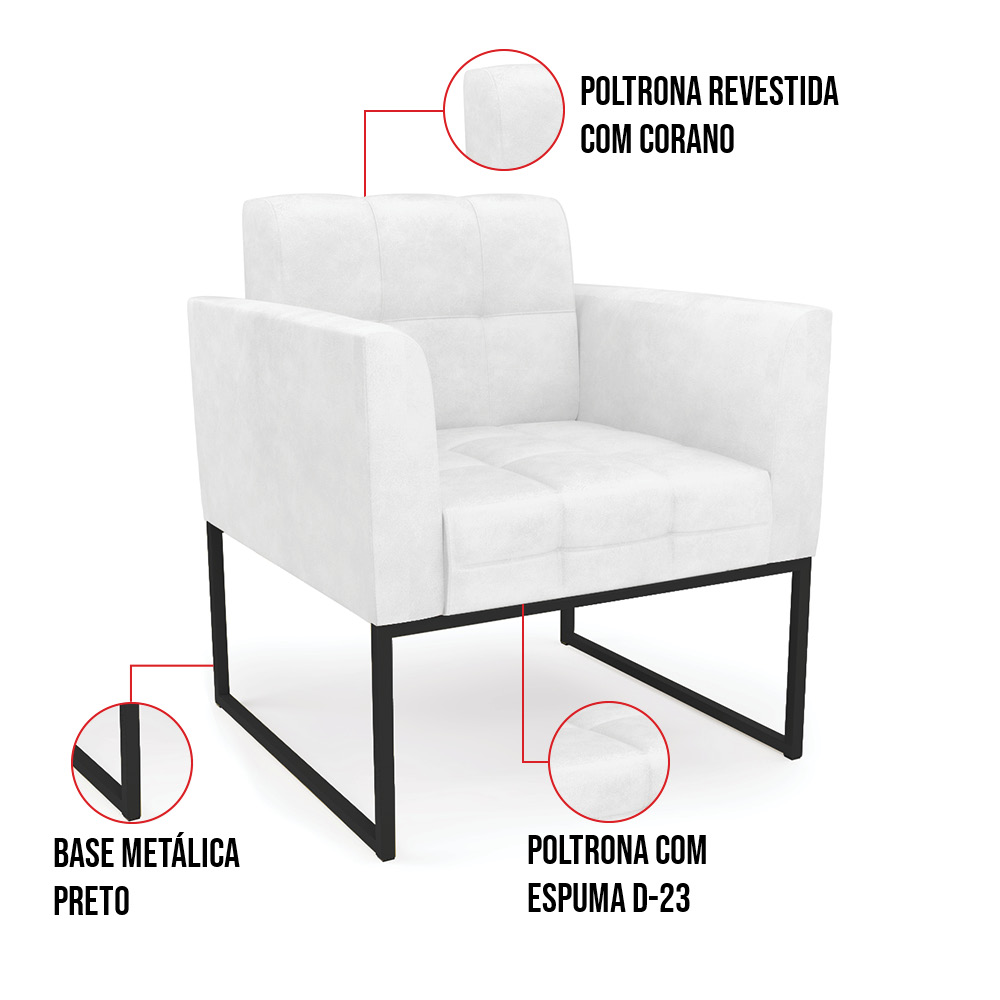 Kit 2 Poltronas Elisa Corano Branco Base Metálica Industrial Preto D03 - D'Rossi