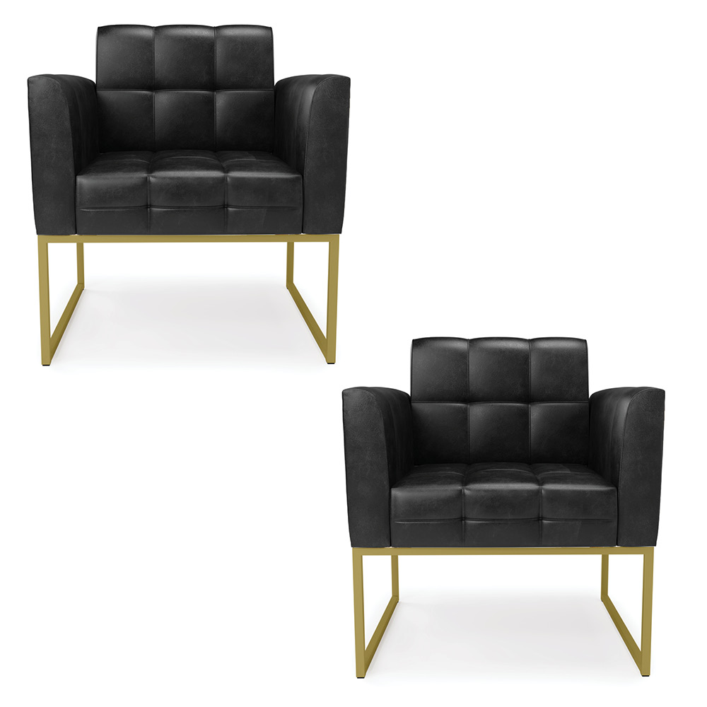 Kit 2 Poltronas Elisa Corano Preto Base Metálica Industrial Dourado D03 - D'Rossi