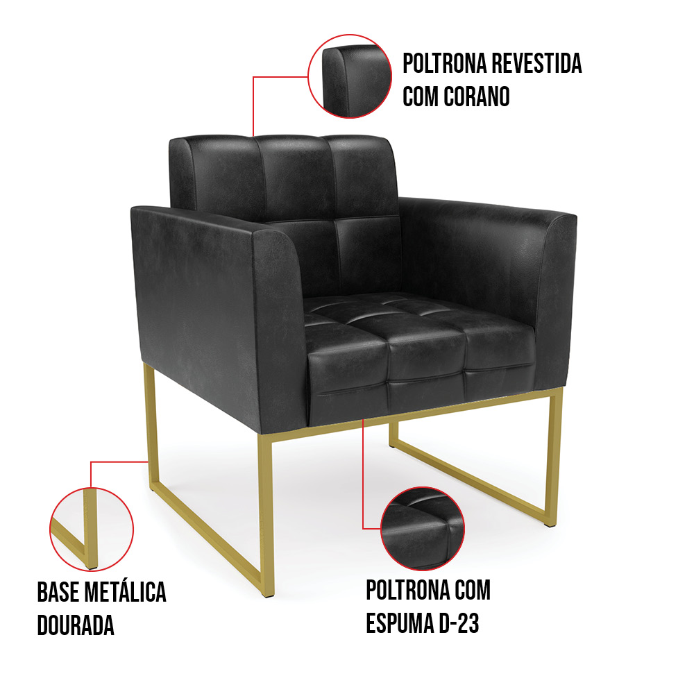 Kit 2 Poltronas Elisa Corano Preto Base Metálica Industrial Dourado D03 - D'Rossi