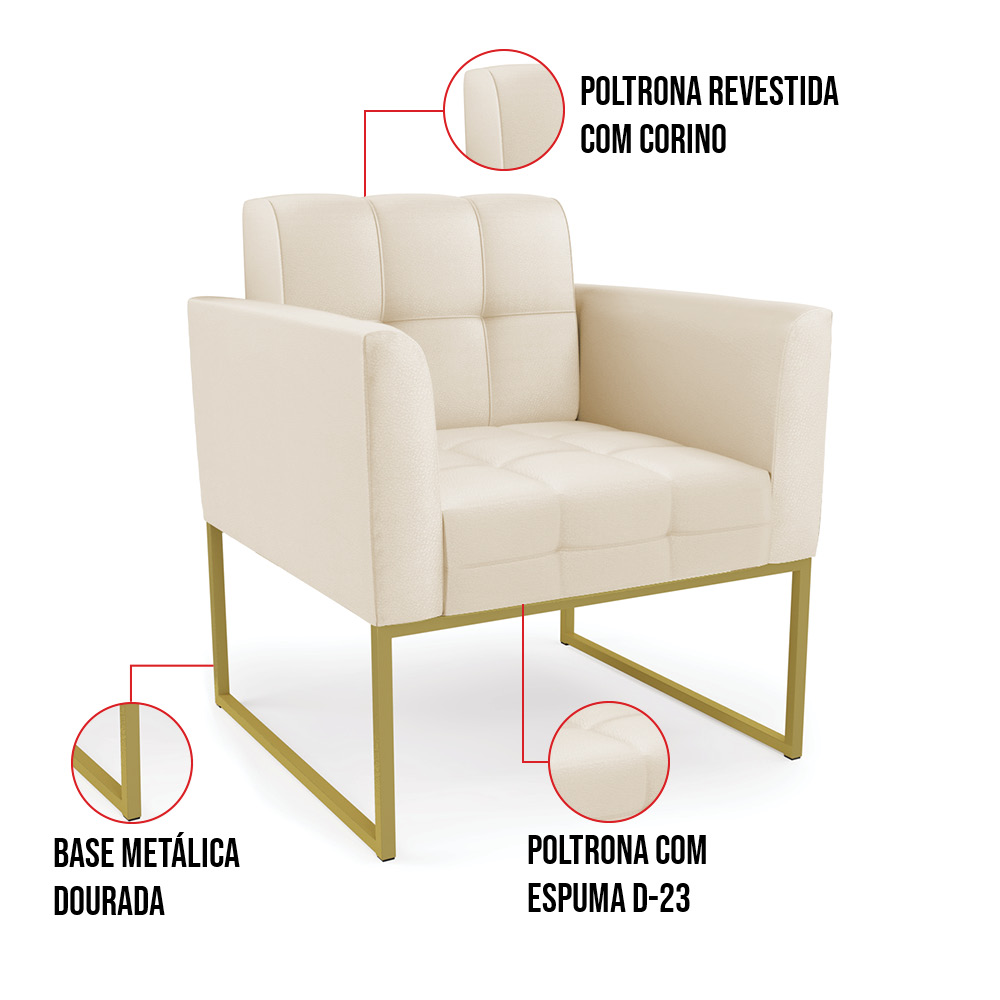 Kit 2 Poltronas Elisa Corino Bege Base Metálica Industrial Dourado D03 - D'Rossi