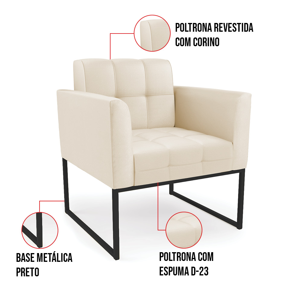 Kit 2 Poltronas Elisa Corino Bege Base Metálica Industrial Preto D03 - D'Rossi