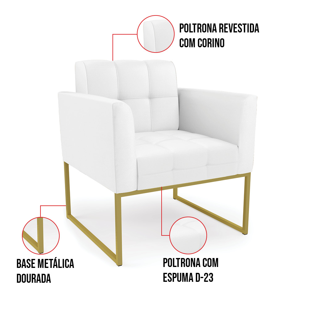 Kit 2 Poltronas Elisa Corino Branco Base Metálica Industrial Dourado D03 - D'Rossi