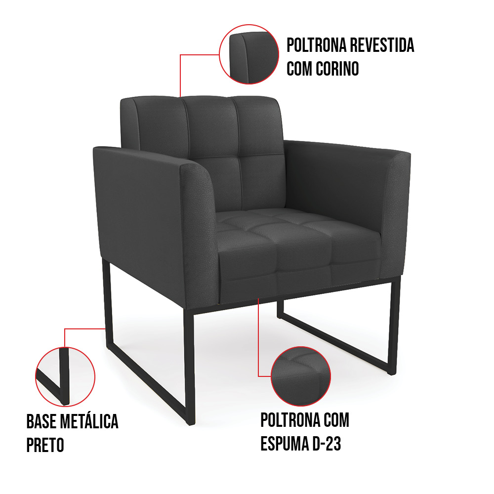 Kit 2 Poltronas Elisa Corino Preto Base Metálica Industrial Preto D03 - D'Rossi