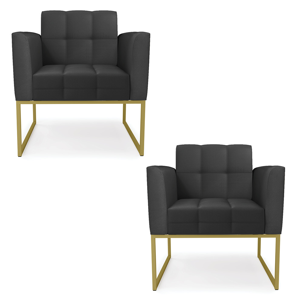 Kit 2 Poltronas Elisa Corino Preto D03 - D'Rossi Base Metálica Industrial Dourado D03 - D'Rossi