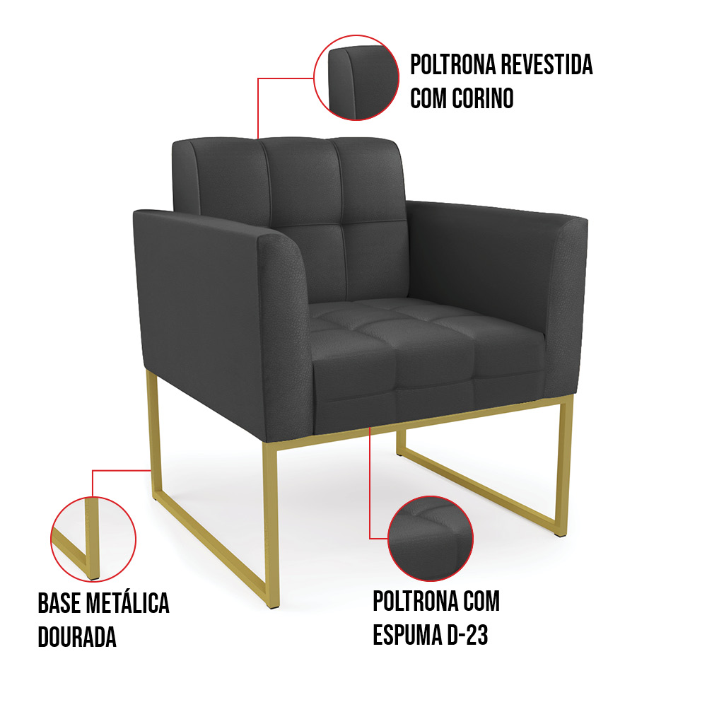 Kit 2 Poltronas Elisa Corino Preto D03 - D'Rossi Base Metálica Industrial Dourado D03 - D'Rossi