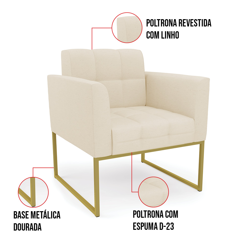 Kit 2 Poltronas Elisa Linho Base Metálica Industrial Dourada - D'Rossi