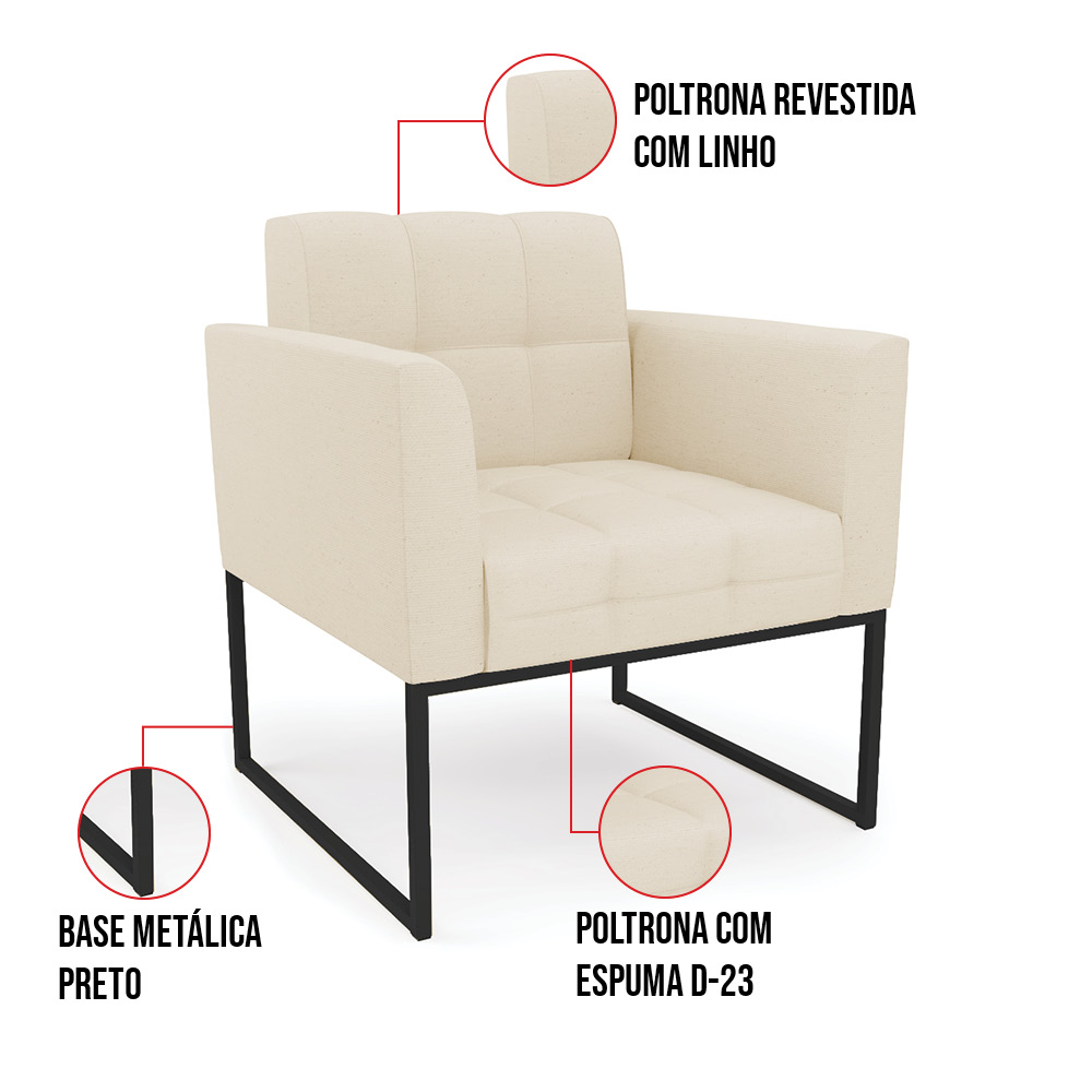 Kit 2 Poltronas Elisa Linho Bege A19 Base Metálica Industrial Preto D03 - D'Rossi