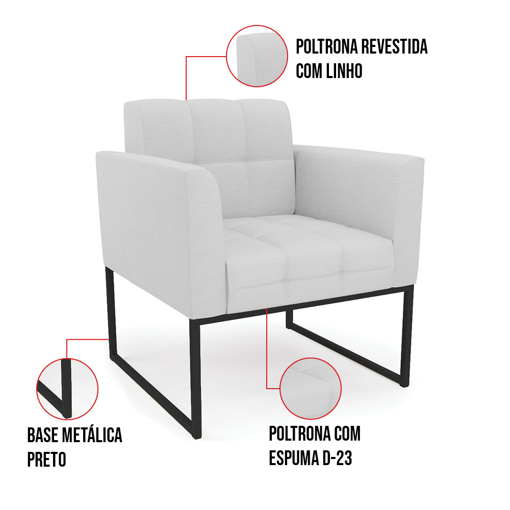 Kit 2 Poltronas Elisa Linho Cinza A05 Base Metálica Industrial Preto D03 - D'Rossi