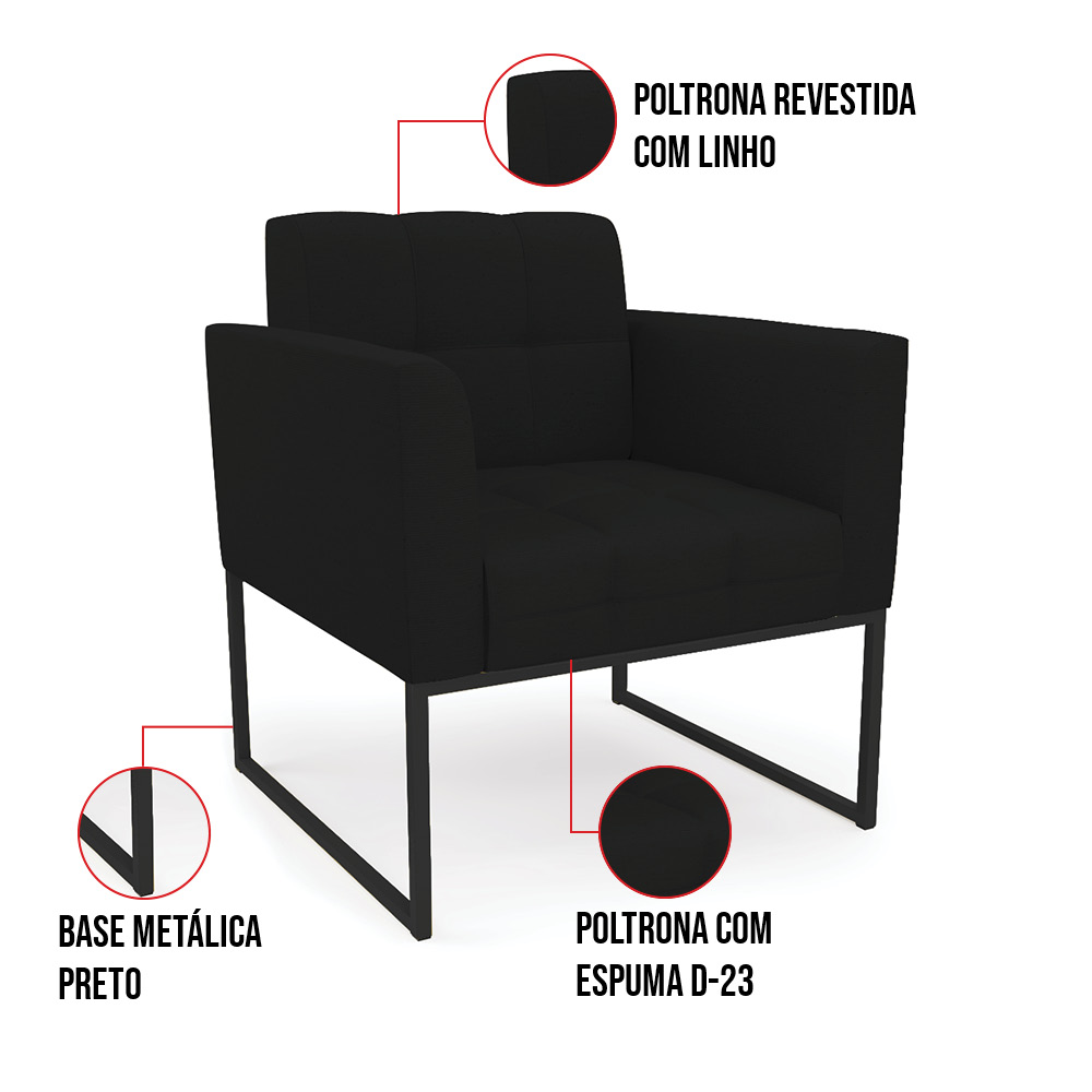 Kit 2 Poltronas Elisa Linho Preto A79 Base Metálica Industrial Preto D03 - D'Rossi