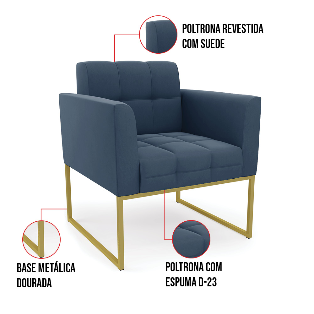 Kit 2 Poltronas Elisa Suede Azul Marinho Base Metálica Industrial Dourada - D'Rossi