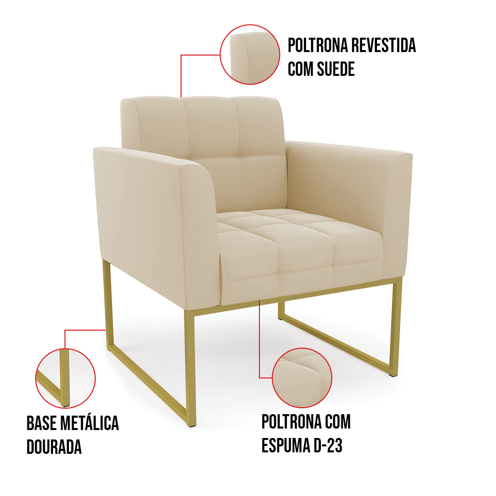 Kit 2 Poltronas Elisa Suede Bege Base Metálica Industrial Dourada - D'Rossi