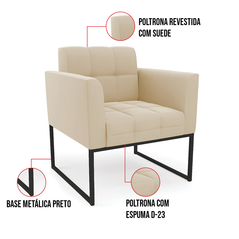 Kit 2 Poltronas Elisa Suede Bege Base Metálica Industrial Preto D03 - D'Rossi