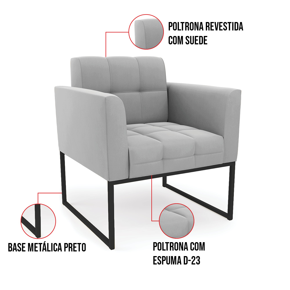 Kit 2 Poltronas Elisa Suede Cinza Base Metálica Industrial Preto D03 - D'Rossi
