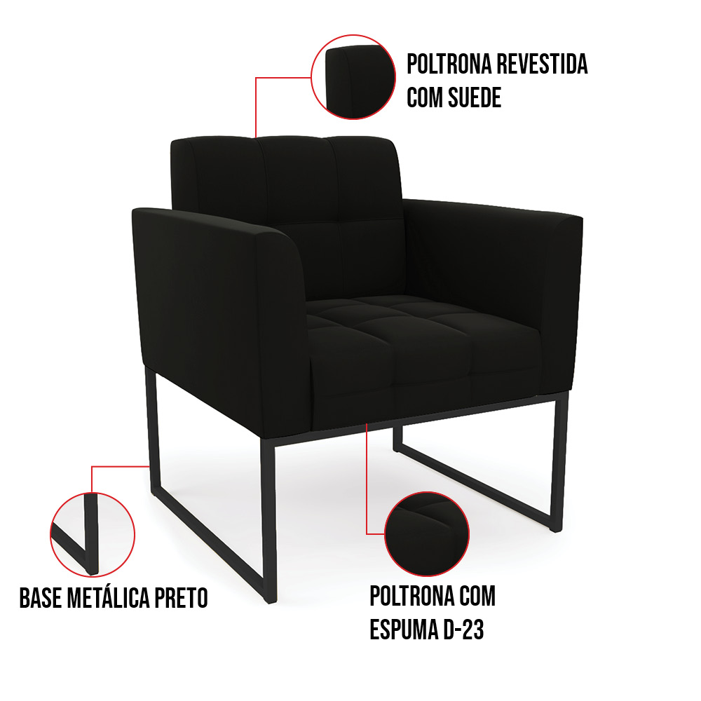 Kit 2 Poltronas Elisa Suede Preto Base Metálica Industrial Preto D03 - D'Rossi