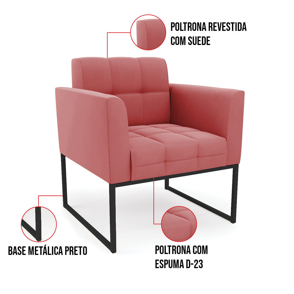 Kit 2 Poltronas Elisa Suede Rosê Base Metálica Industrial Preto D03 - D'Rossi