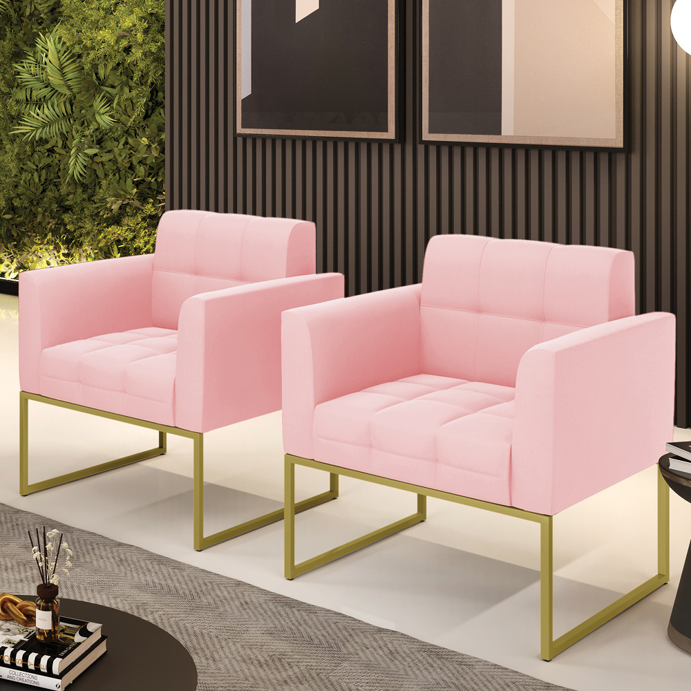 Kit 2 Poltronas Elisa Suede Rosa Bebê Base Metálica Industrial Dourada - D'Rossi